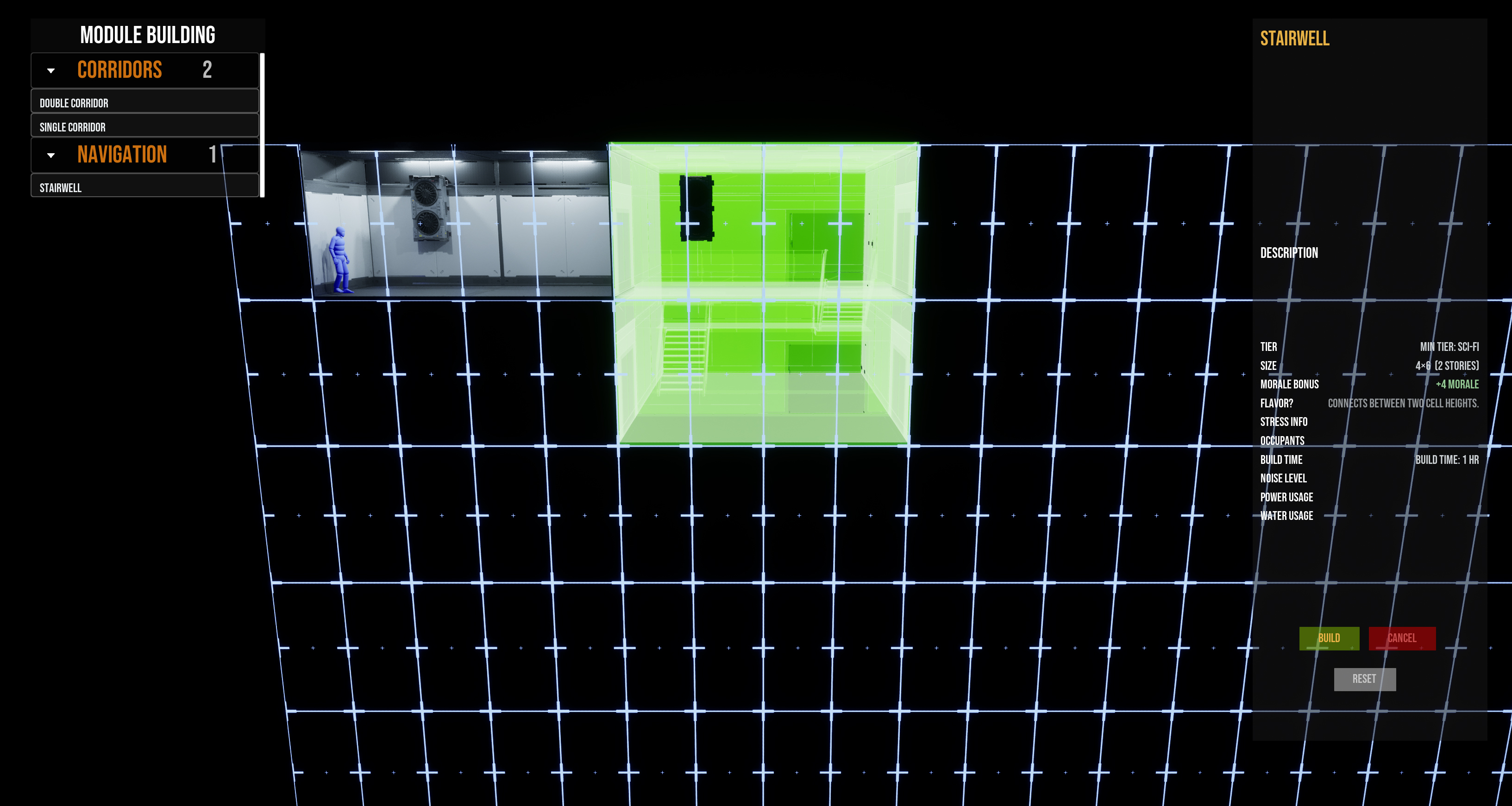 AIRLOCK Building V2 — module placement with stats panel